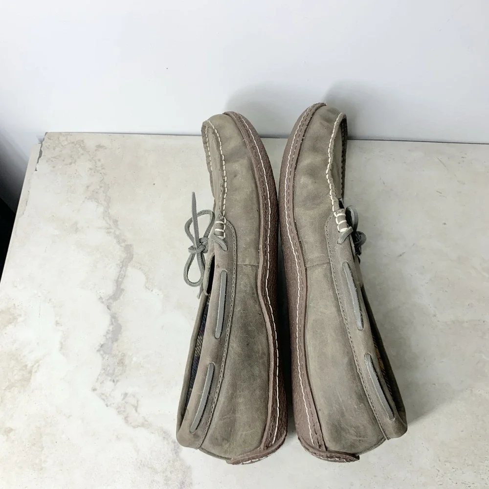 LL Bean Slippers Men Size 13 Shoes Gray Leather Flannel Lined Moccasins Slip On